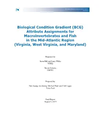 Biological Condition Gradient (BCG) Attribute Assignments for Macroinvertebrates and Fish in the Mid-Atlantic Region (Virginia, West Virginia, and Maryland)