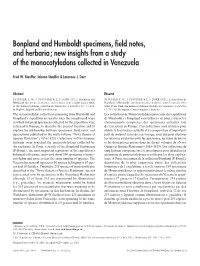 Bonpland and Humboldt Specimens, Field Notes, and Herbaria; New Insights from a Study of the Monocotyledons Collected in Venezuela