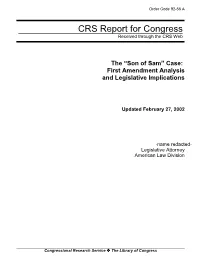 "Son of Sam" Case: First Amendment Analysis and Legislative Implications