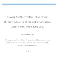 Graving Another Testament: a Critical Discourse Analysis of the Sydney Anglicans Under Peter Jensen 2001-2013