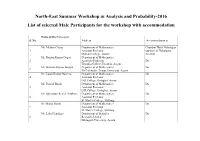 North-East Summar Workshop in Analysis and Probability-2016 List