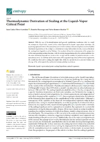 Thermodynamic Derivation of Scaling at the Liquid–Vapor Critical Point