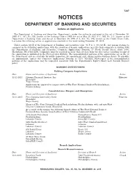 NOTICES DEPARTMENT of BANKING and SECURITIES Actions on Applications