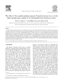 The Effect of the Acanthocephalan Parasite Pomphorhynchus Laevis on the Lipid and Glycogen Content of Its Intermediate Host Gammarus Pulex