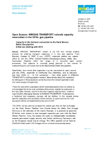 Open Season: WINGAS TRANSPORT Extends Capacity Reservation in the OPAL Gas Pipeline