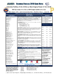 Columbia Fireflies 2018 Game Notes