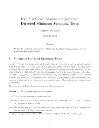 Lecture Notes on “Analysis of Algorithms”: Directed Minimum Spanning Trees
