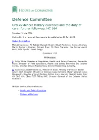 Defence Committee Oral Evidence: Military Exercises and the Duty of Care: Further Follow-Up, HC 164