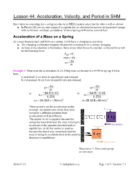 Lesson 44: Acceleration, Velocity, and Period in SHM
