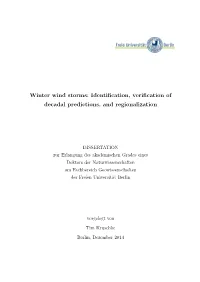 Winter Wind Storms: Identification, Verification of Decadal Predictions