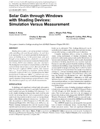 Solar Gain Through Windows with Shading Devices: Simulation Versus Measurement