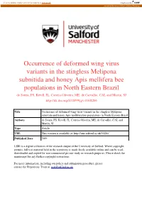 Occurrence of Deformed Wing Virus Variants in the Stingless Melipona Subnitida and Honey Apis Mellifera Bee P