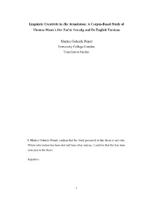 Translation: a Corpus-Based Study of Thomas Mann's Der Tod in Venedig