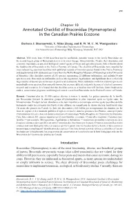 Annotated Checklist of Braconidae (Hymenoptera) in the Canadian Prairies Ecozone