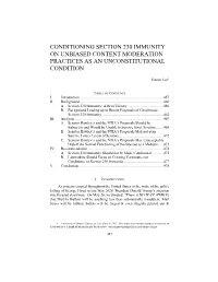 Conditioning Section 230 Immunity on Unbiased Content Moderation Practices As an Unconstitutional Condition