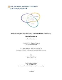 Introducing Entrepreneurship Into the Public University Scheme in Egypt a Thesis Submitted To