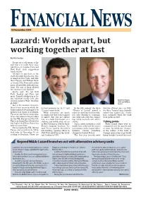 Lazard: Worlds Apart, but Working Together at Last