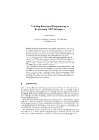 Teaching Functional Programming to Professional .NET Developers