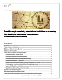 Breakthrough Chemistry Simulations for Lithium Processing Contents