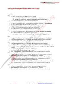 List of Recent Projects Motorsport Consulting