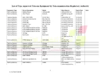 List of Type Approved Telecom Equipment by Telecommunication Regulatory Authority
