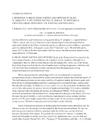 Classical Poetics. I. Definition Ii. Pre-Platonic Poetics And
