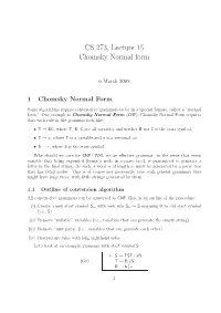 CS 273, Lecture 15 Chomsky Normal Form