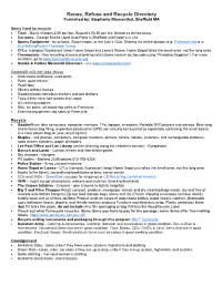 Reuse, Refuse and Recycle Directory Furnished By: Stephanie Blumenthal, Sheffield MA
