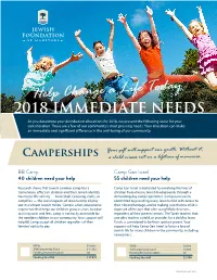 Help Change a Life Today 2018 IMMEDIATE NEEDS As You Determine Your Distribution Allocations for 2018, We Present the Following Ideas for Your Consideration