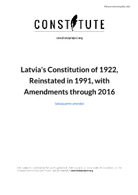 Latvia's Constitution of 1922, Reinstated in 1991, with Amendments Through 2016