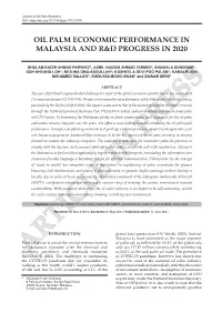 Oil Palm Economic Performance in Malaysia and R&D Progress in 2020
