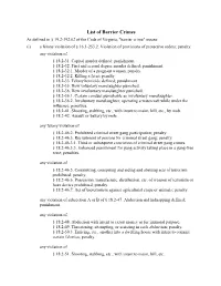 List of Barrier Crimes As Defined in § 19.2-392.02 of the Code of Virginia, "Barrier Crime" Means: (I) a Felony Violation of § 16.1-253.2