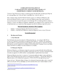 Complaint for Violation of Campaign Finance and Public Disclosure Act Submitted by Common Cause Minnesota