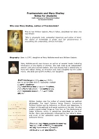 Frankenstein and Mary Shelley Notes for Students (With Reference to Almost Invincible) by Suzanne Burdon