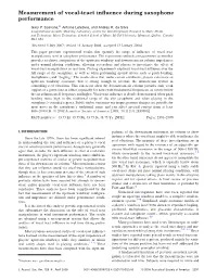 Measurement of Vocal-Tract Influence During Saxophone Performance