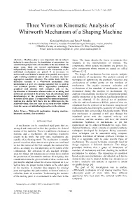 Three Views on Kinematic Analysis of Whitworth Mechanism of a Shaping Machine