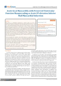 Acute Focal Myocarditis with Preserved Ventricular Function Masquerading As Acute ST-Elevation Inferior Wall Myocardial Infarction