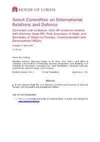 Oral Evidence: One-Off Evidence Session with Dominic Raab MP, First Secretary of State and Secretary of State for Foreign, Commonwealth and Development Affairs