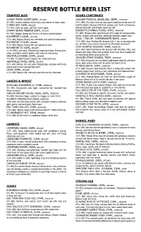 Reserve Bottle Beer List