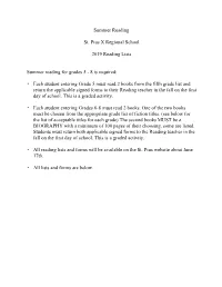 Summer Reading St. Pius X Regional School 2019 Reading Lists Summer Reading for Grades 5