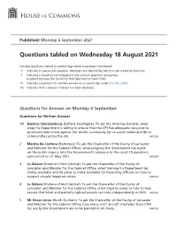 Questions Tabled on Wednesday 18 August 2021