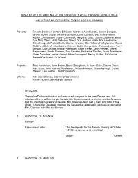Minutes of the Meeting of the University of Lethbridge Senate Held