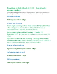Transition to High School 2017/18 Key Dates for Opening Evenings