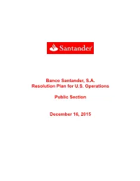 Banco Santander, SA Resolution Plan for US Operations Public Section