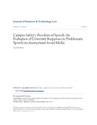 Campus Safety V. Freedom of Speech: an Evaluation of University Responses to Problematic Speech on Anonymous Social Media Susan Dumont