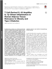 T Cell–Derived IL-22 Amplifies IL-1B–Driven Inflammation in Human Adipose Tissue