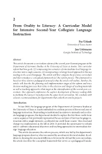 From Orality to Literacy: a Curricular Model for Intensive Second-Year Collegiate Language Instruction