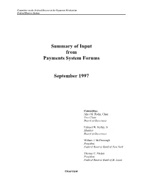 Summary of Input from Payments System Forums September 1997