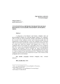 Unconventional Methods for Selecting Human Resources- Polygraph and Honesty (Integrity) Tests