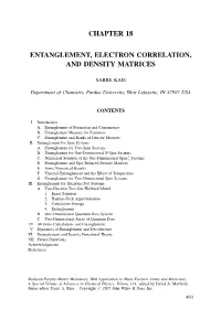 Entanglement, Electron Correlation, and Density Matrices